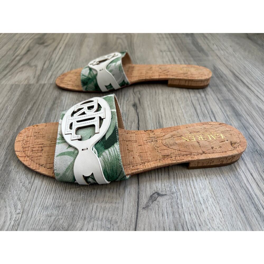 Lauren Ralph Lauren Alegra Sandal Green Pattern Design Oversized LRL Logo Sz 10